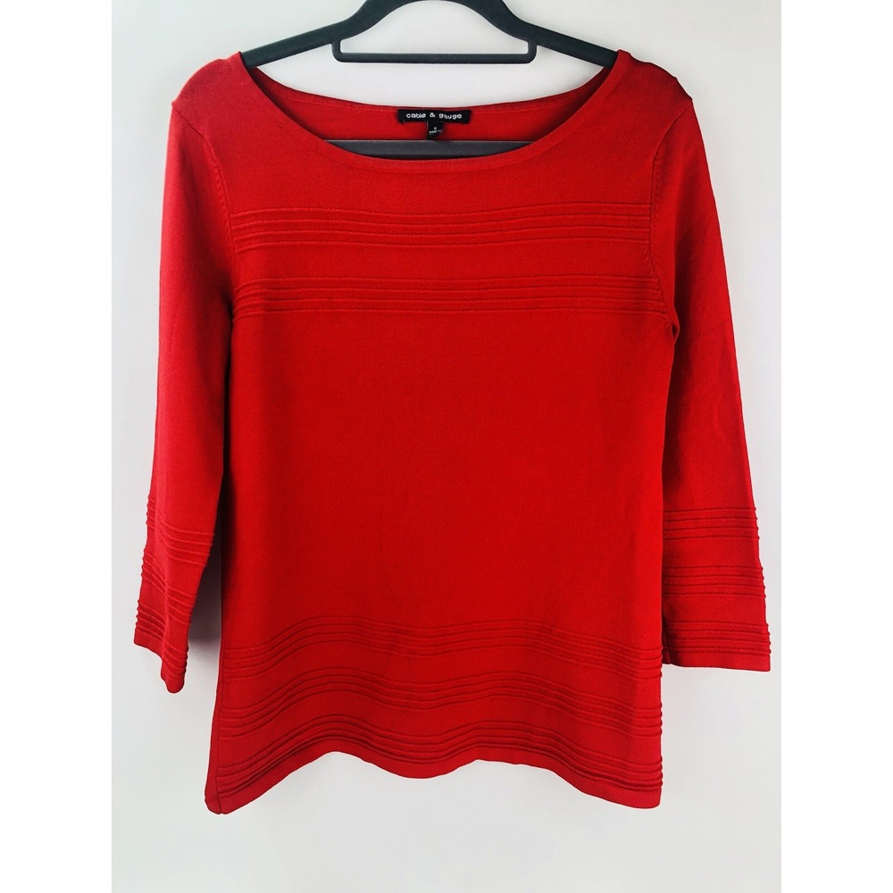 Cable and Gauge Womens Red Ribbed Knit Sweater Boat Neck Long Sleeve Size S